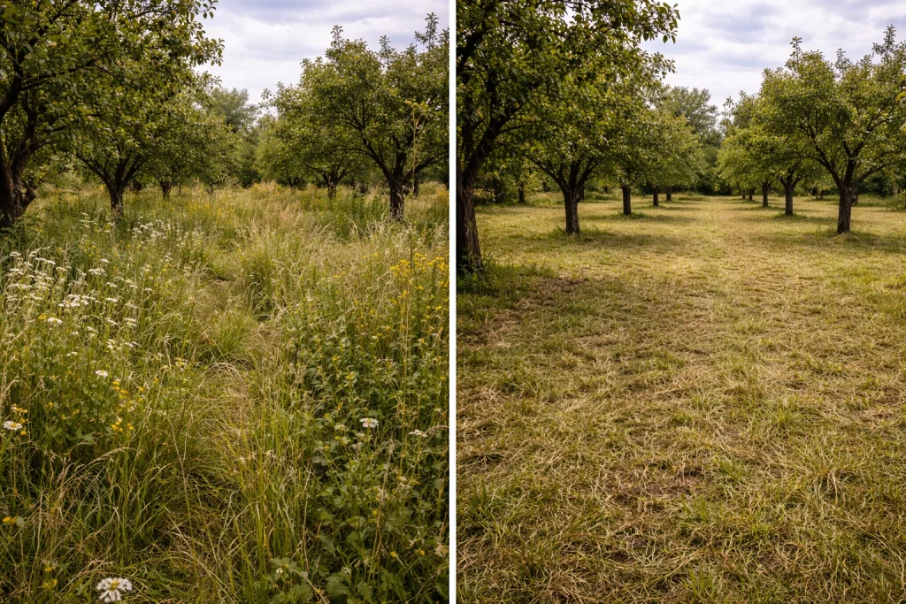 Zapušten voćnjak jabuke sa visokom travom pre košenja levo i posle košenja desno u Beogradu